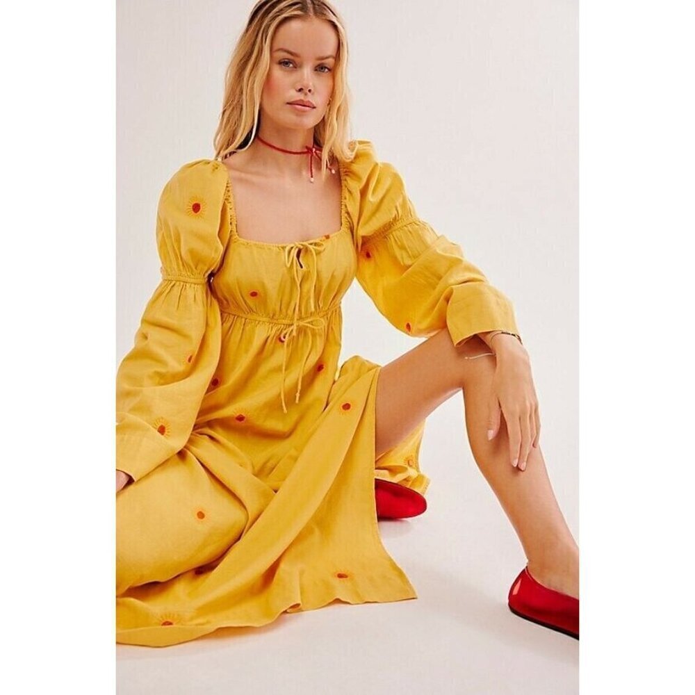 NEW FREE PEOPLE EMORY WARM YELLOW FLOWER EMBROIDERED MIDI DRESS SZ SMALL - Picture 4 of 12